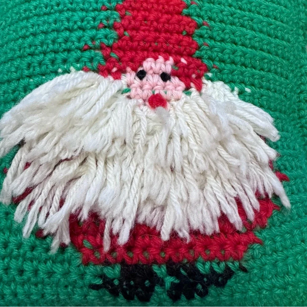 Vintage Green and Red Santa Crochet Pillow Christmas Holiday Decor